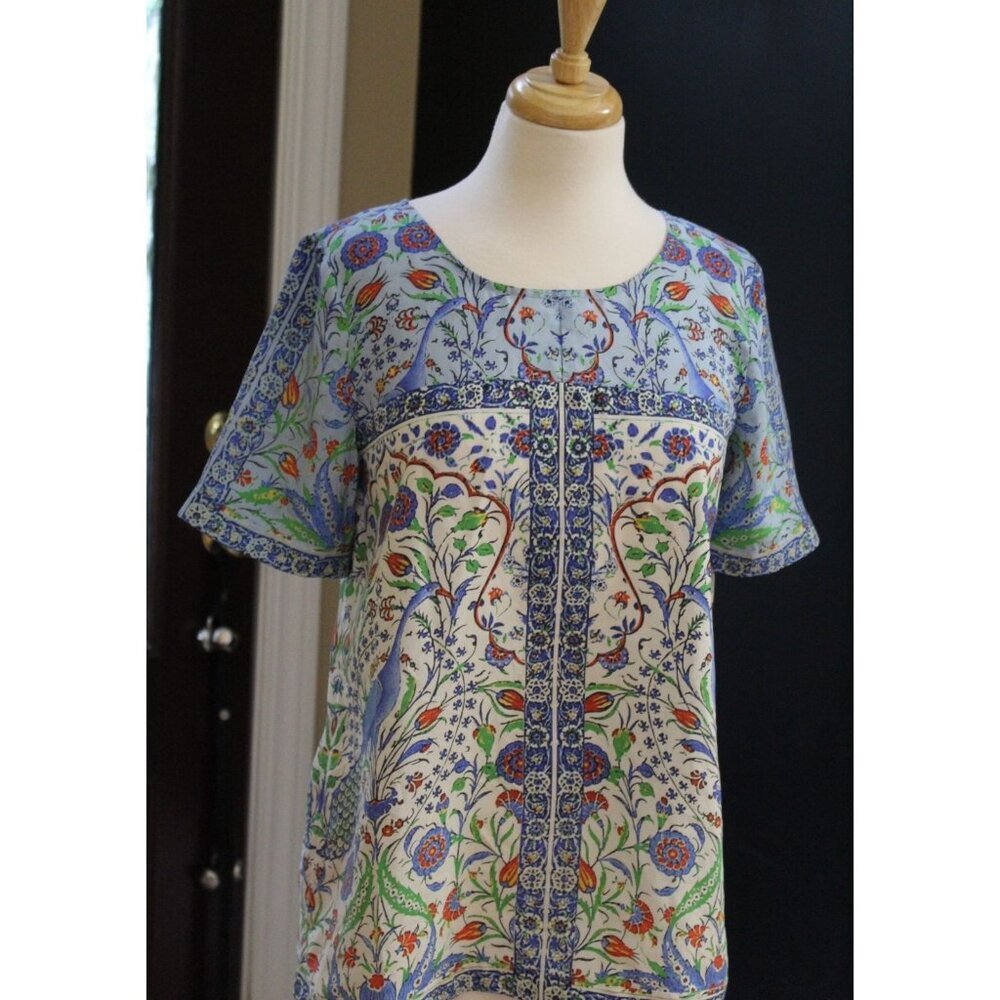 SUNDANCE Izmir Top Silk Printed Blouse Peacock Boho Short Sleeve Size Small (S)